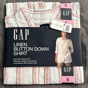 GAP Striped Button-Down Shirt in White, Pink & Olive